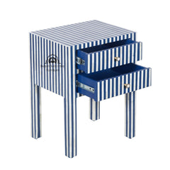 Bone Inlay Bedside Table with 2 Drawers – Indigo Blue Stripe