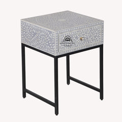 Bone Inlay 1 Drawer Bedside Table – Grey Floral