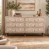 WOODEN INLAY CHEST OF 6 DRAWER FLORAL WHITE INDIAN HANDMADE DRESSER