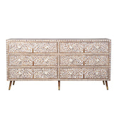 WOODEN INLAY CHEST OF 6 DRAWER FLORAL WHITE INDIAN HANDMADE DRESSER