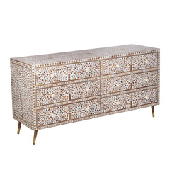 WOODEN INLAY CHEST OF 6 DRAWER FLORAL WHITE INDIAN HANDMADE DRESSER