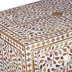 WOODEN INLAY CHEST OF 6 DRAWER FLORAL WHITE INDIAN HANDMADE DRESSER