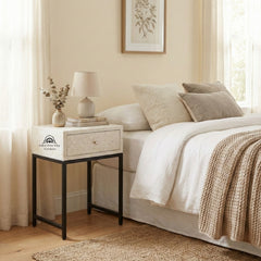 Bone Inlay 1 Drawer Bedside Table – White Floral