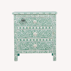 Bone Inlay Large 3 Drawer Bedside – Sage Green Floral