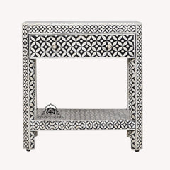 Bone Inlay LARGE 1 Drawer Bedside Table with Shelf – Black Geometric