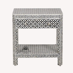Bone Inlay LARGE 1 Drawer Bedside Table with Shelf – Black Geometric