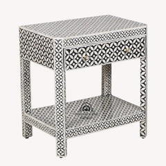 Bone Inlay LARGE 1 Drawer Bedside Table with Shelf – Black Geometric