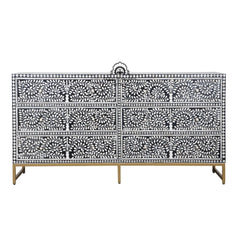 Bone Inlay Buffet 6 Drawer Chest of Drawers – Black Floral Scroll
