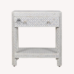 Bone Inlay LARGE 1 Drawer Bedside Table with Shelf – Grey Geometric