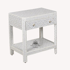 Bone Inlay LARGE 1 Drawer Bedside Table with Shelf – Grey Geometric