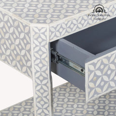 Bone Inlay LARGE 1 Drawer Bedside Table with Shelf – Grey Geometric