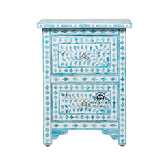 Bone Inlay Bedside Table with 2 Drawers – Turquoise Floral
