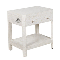 Bone Inlay Large 1 Drawer Bedside Table with Shelf – White Geometric