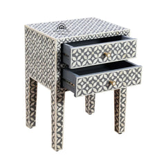 Bone Inlay Bedside Table with 2 Drawers – Grey Geometric