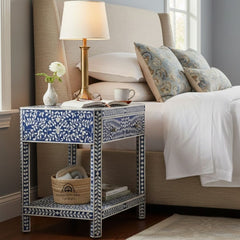 Bone Inlay Large 1 Drawer Bedside Table or Side Table with Shelf – Indigo Blue Floral