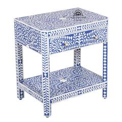 Bone Inlay Large 1 Drawer Bedside Table or Side Table with Shelf – Indigo Blue Floral