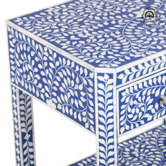 Bone Inlay Large 1 Drawer Bedside Table or Side Table with Shelf – Indigo Blue Floral