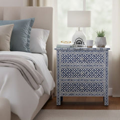 Bone Inlay Large 3 Drawer Bedside – Geometric Indigo Blue