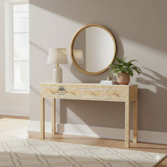 Bone Inlay 4 Drawer Hall Table / Side Table – Almond Geometric