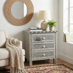 Bone Inlay Large 3 Drawer Bedside Table – Black Geometric