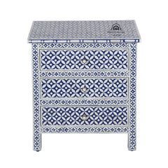 Bone Inlay Large 3 Drawer Bedside – Geometric Indigo Blue