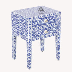 Bone Inlay Bedside Table with 2 Drawers – Indigo Blue Floral