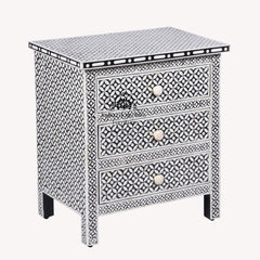 Bone Inlay Large 3 Drawer Bedside Table – Black Geometric