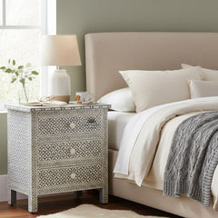 Bone Inlay Large 3 Drawer Bedside Table – Dark Grey Geometric
