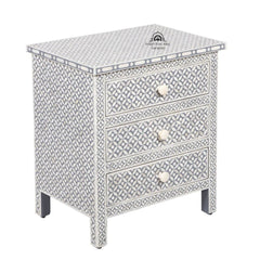 Bone Inlay Large 3 Drawer Bedside Table – Dark Grey Geometric