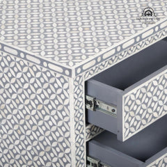Bone Inlay Large 3 Drawer Bedside Table – Dark Grey Geometric