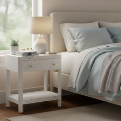 Bone Inlay Large 1 Drawer Bedside Table or Side Table with Shelf – White Floral