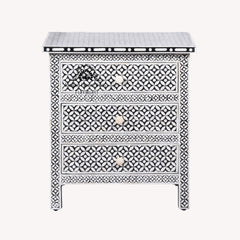 Bone Inlay Large 3 Drawer Bedside Table – Black Geometric