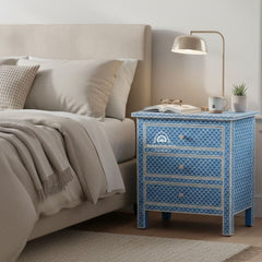 Bone Inlay Large 3 Drawer Bedside Table – Blue Fishscale