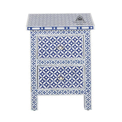 Bone Inlay Bedside Table with 2 Drawers – Indigo Blue