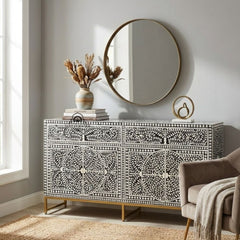 Bone Inlay Buffet Chest of Drawers – Black Floral Scroll