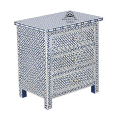 Bone Inlay Large Bedside Table with 3 Drawers – Navy Blue Geometric