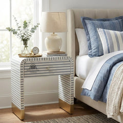 Bone Inlay Curved Waterfall (Large) Bedside Table with 1 Drawer – Grey
