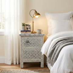 Bone Inlay Bedside Table with 2 Drawers – Geometric Grey