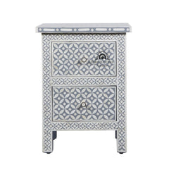 Bone Inlay Bedside Table with 2 Drawers – Geometric Grey