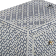 Bone Inlay Bedside Table with 2 Drawers – Geometric Grey