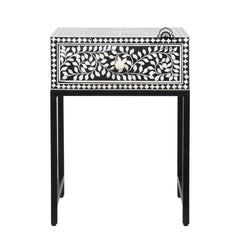 Bone Inlay 1 Drawer Bedside Table with Black Frame – Black Floral