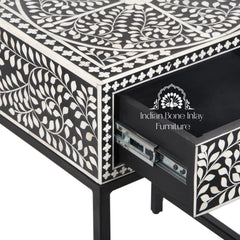 Bone Inlay 1 Drawer Bedside Table with Black Frame – Black Floral