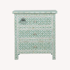 Bone Inlay Large 3 Drawer Bedside Table – Sage Green Geometric