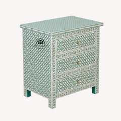Bone Inlay Large 3 Drawer Bedside Table – Sage Green Geometric