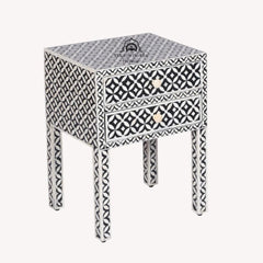 Bone Inlay Bedside Table with 2 Drawers – Black Geometric
