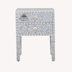 Bone Inlay Bedside Table with 2 Drawers – Grey Floral