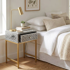 Bone Inlay 1 Drawer Bedside Table – Black Geometric