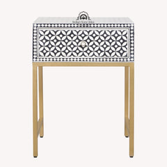 Bone Inlay 1 Drawer Bedside Table – Black Geometric