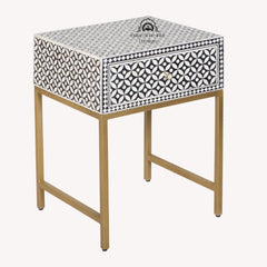 Bone Inlay 1 Drawer Bedside Table – Black Geometric