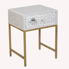 Bone Inlay 1 Drawer Bedside Table – Grey Geometric